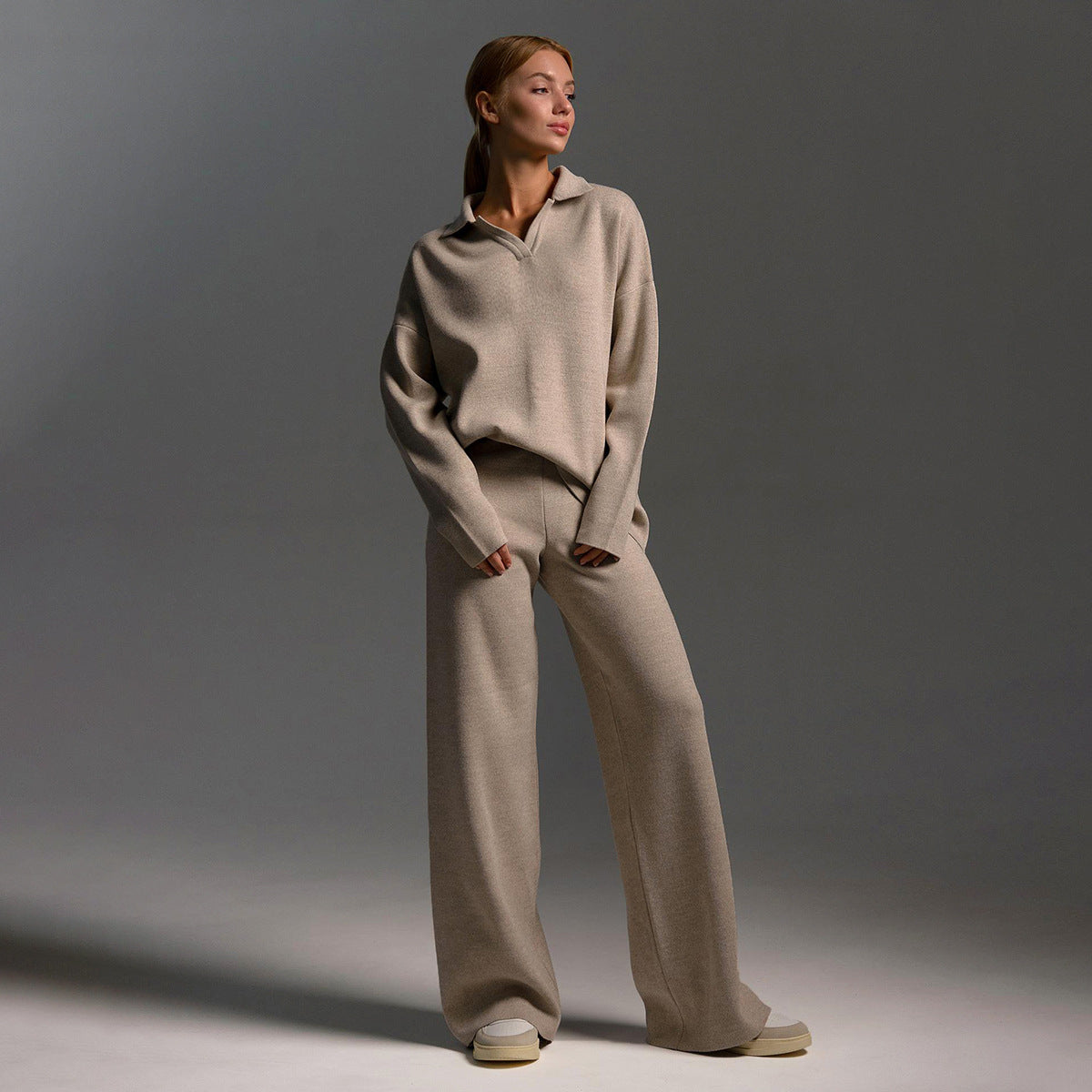 Women's Collared Polo Sweater Set – Oversized Top and Wide Leg Pants Set