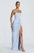 Women's Draped Evening Gown – Asymmetrical Long Sleeve Side Slit Dress