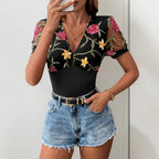 Women's Floral Trim Bodysuit – Deep V-Neck Sheer Sleeve Bodysuit