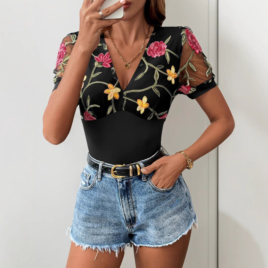 Women's Floral Trim Bodysuit – Deep V-Neck Sheer Sleeve Bodysuit