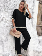 Women's Split Hem Wide Leg Lounge Set – Relaxed Top and Trousers Set