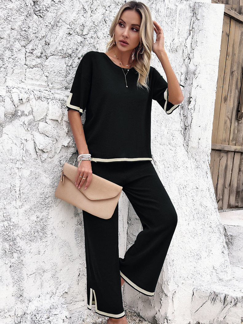 Women's Split Hem Wide Leg Lounge Set – Relaxed Top and Trousers Set