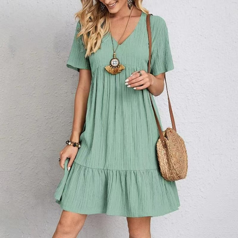 Women's V-Neck Summer Dress – Short Sleeve Ruffle Flowy Dress
