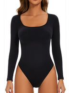 Women's Plunging Neck Bodysuit – Fitted Long Sleeve Evening Bodysuit