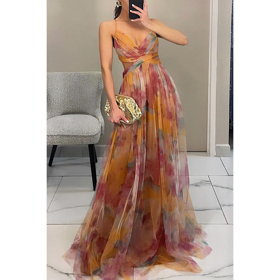 Women's Floral Maxi Dress – V-Neck Spaghetti Strap Evening Gown