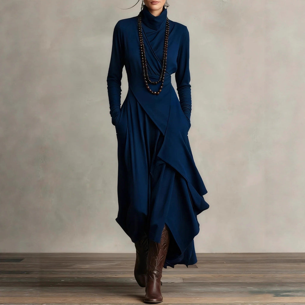 Women's Asymmetrical Knit Maxi Dress – High Neck Sweater Dress