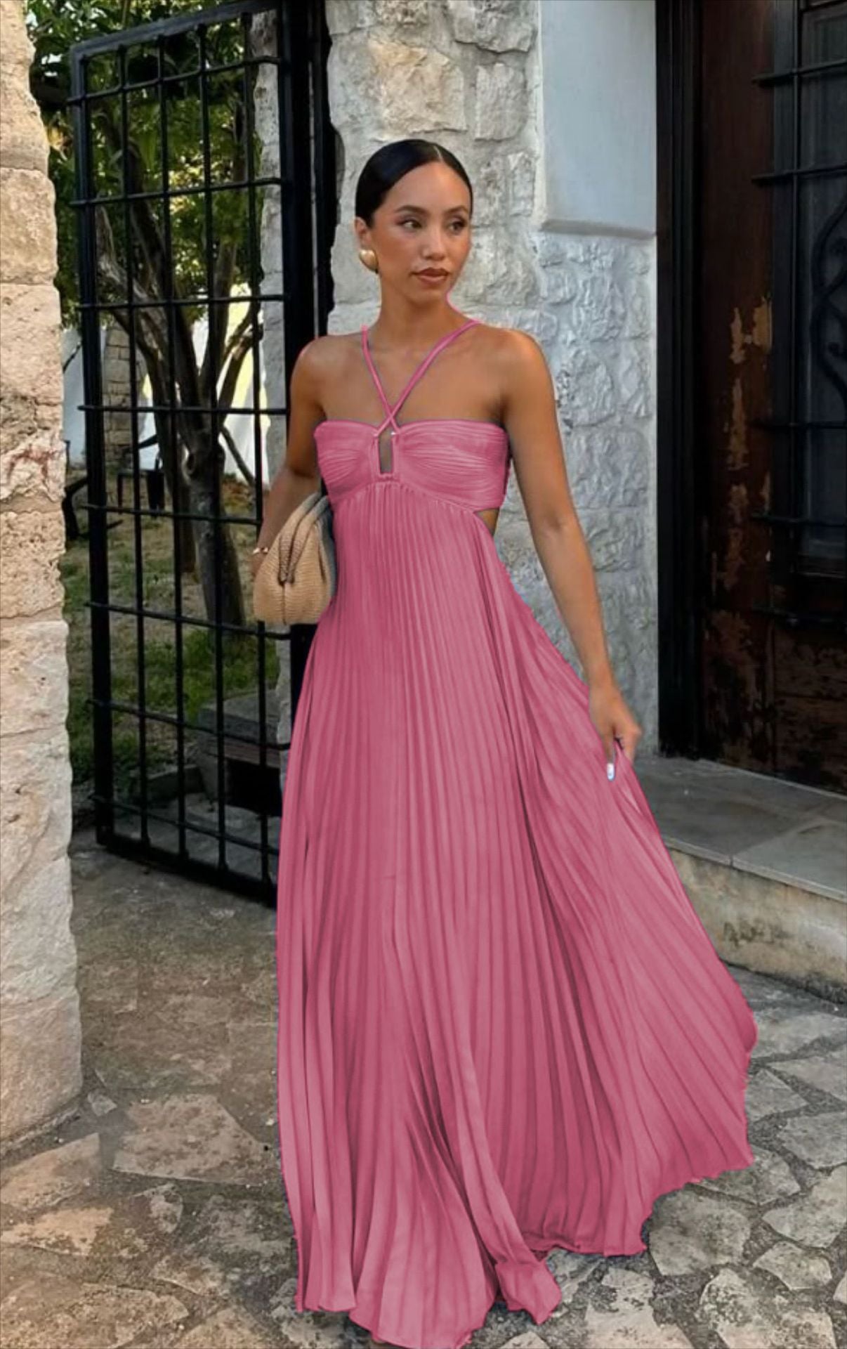 Women's Pleated Off-Shoulder Dress – Adjustable Strap Formal Dress