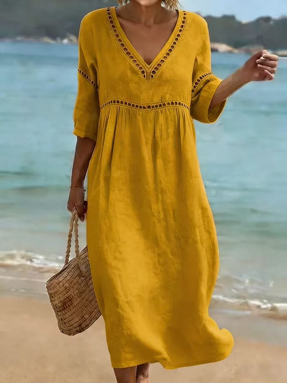 Women's V-Neck Midi Dress – Short Sleeve Pocket Summer Dress