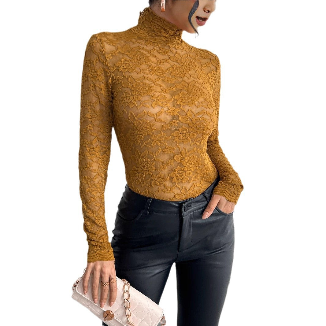Women's High Neck Lace Bodysuit – Sheer Floral Long Sleeve Bodysuit