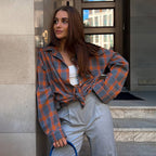 Women's Oversized Check Blouse – Relaxed Button Front Shirt Blouse