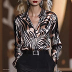 Women's Wave Print Blouse – Relaxed Long Sleeve Statement Blouse