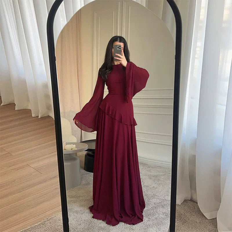 Women's Bell Sleeve Maxi Dress – Tiered Evening Dress