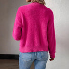 Women's Fluffy V-Neck Cardigan – Button Front Long Sleeve Knit Cardigan
