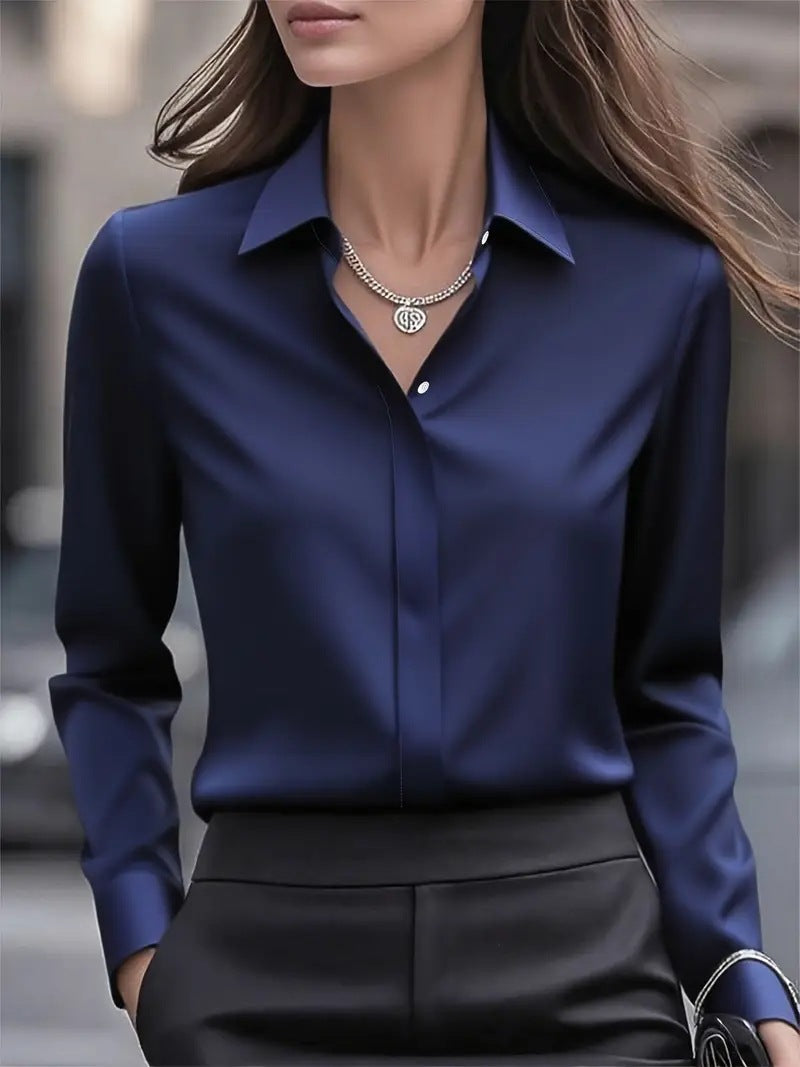 Women's Collared Blouse with Button Closure and Curved Hem