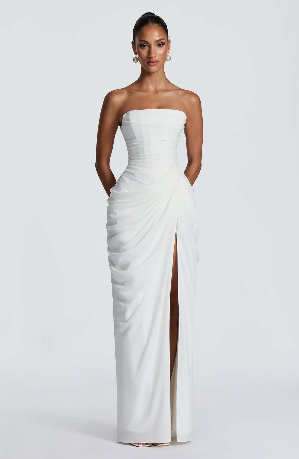 Women's Draped Evening Gown – Asymmetrical Long Sleeve Side Slit Dress