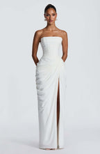 Women's Draped Evening Gown – Asymmetrical Long Sleeve Side Slit Dress