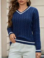 Women's Varsity Cable Sweater – Striped V-Neck Knit Pullover
