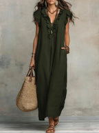 Women's Boho Maxi Dress – Flowy Ruffle Long Dress with Pockets