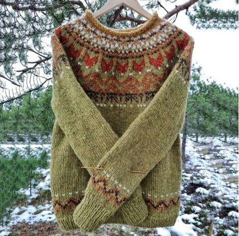 Women's Icelandic Knit Sweater – Vintage Nordic Pattern Crew Neck Pullover