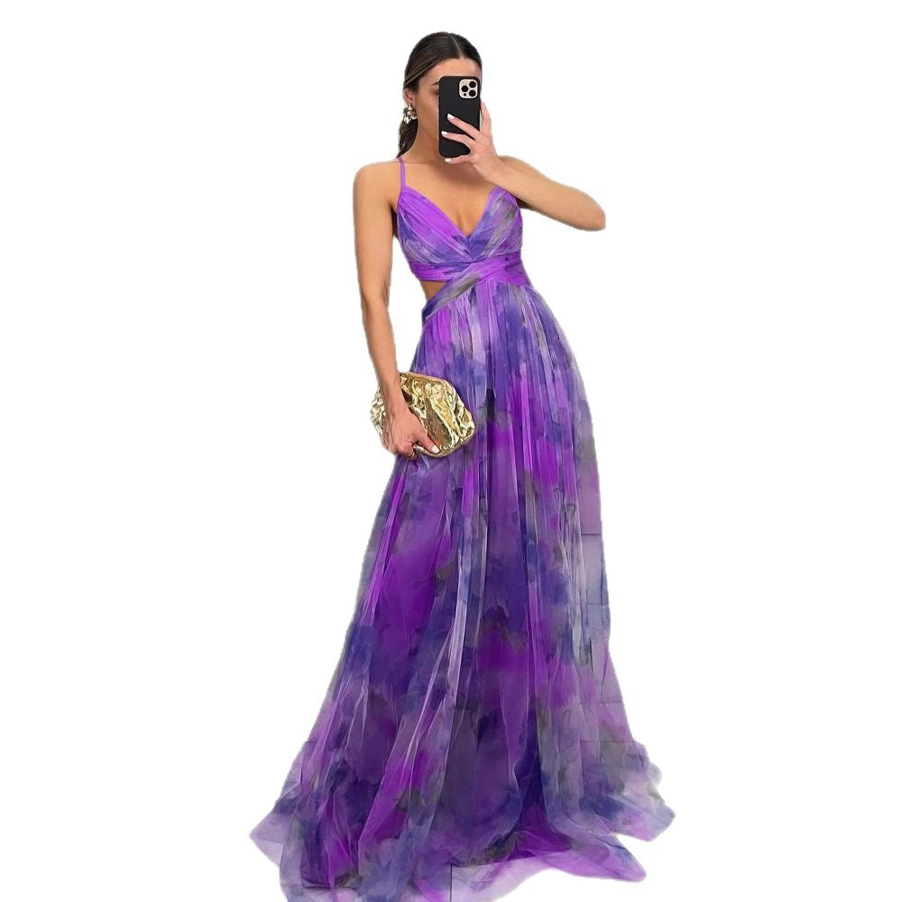 Women's Floral Maxi Dress – V-Neck Spaghetti Strap Evening Gown