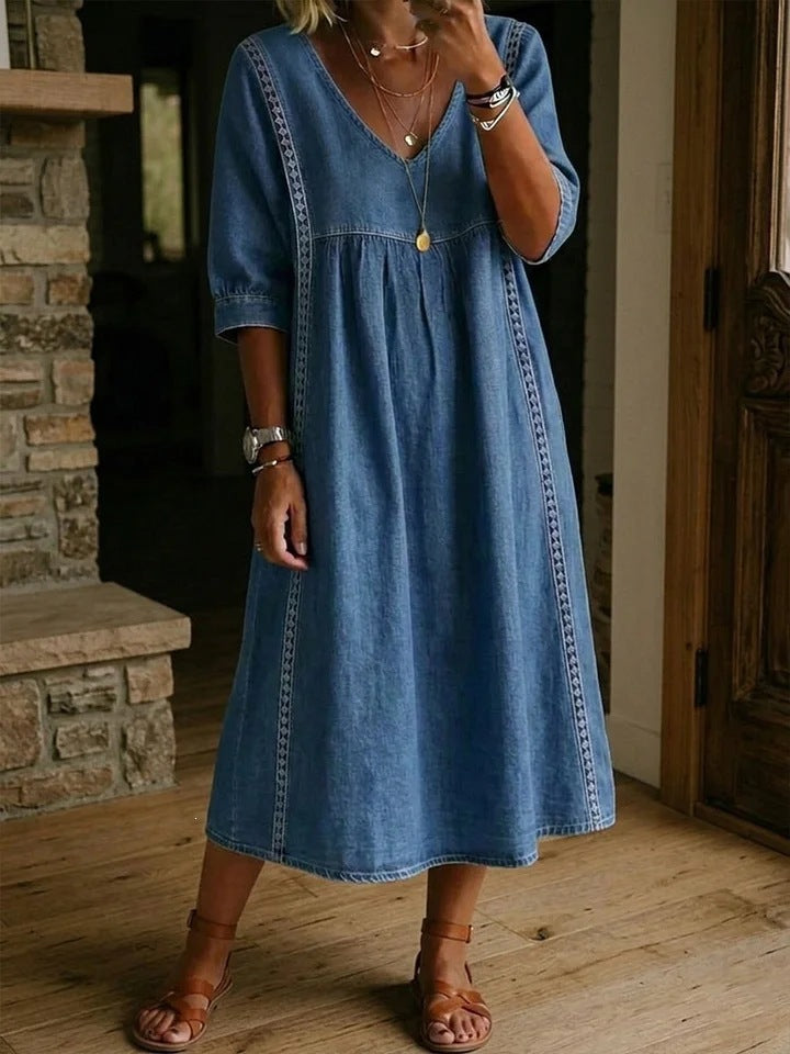 Women's Vintage Denim Look Dress – Relaxed Button Front Dress