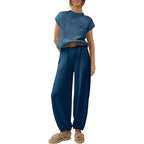 Women's Short Sleeve Pants Set – Crew Neck Top & High Waist Trouser Set