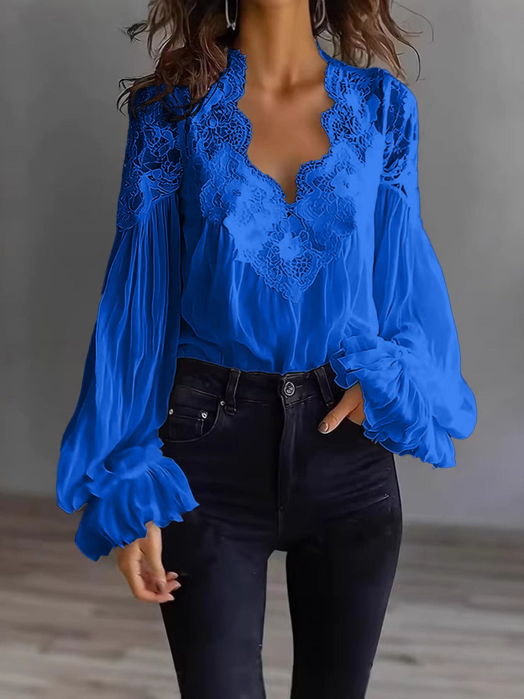Women's Lace Blouse with Sheer Sleeves and Scalloped Details