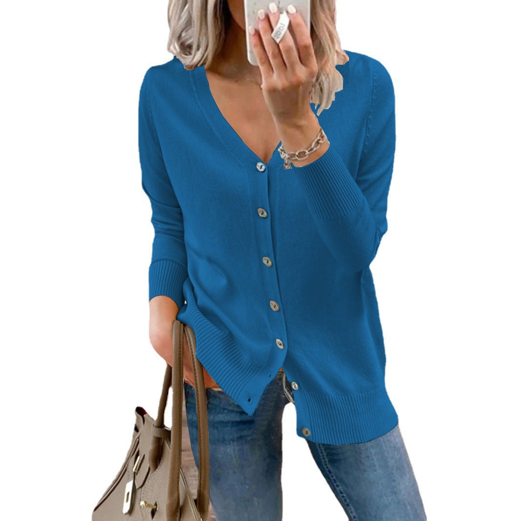 Women's V-Neck Button Cardigan – Ribbed Long Sleeve Knit Cardigan