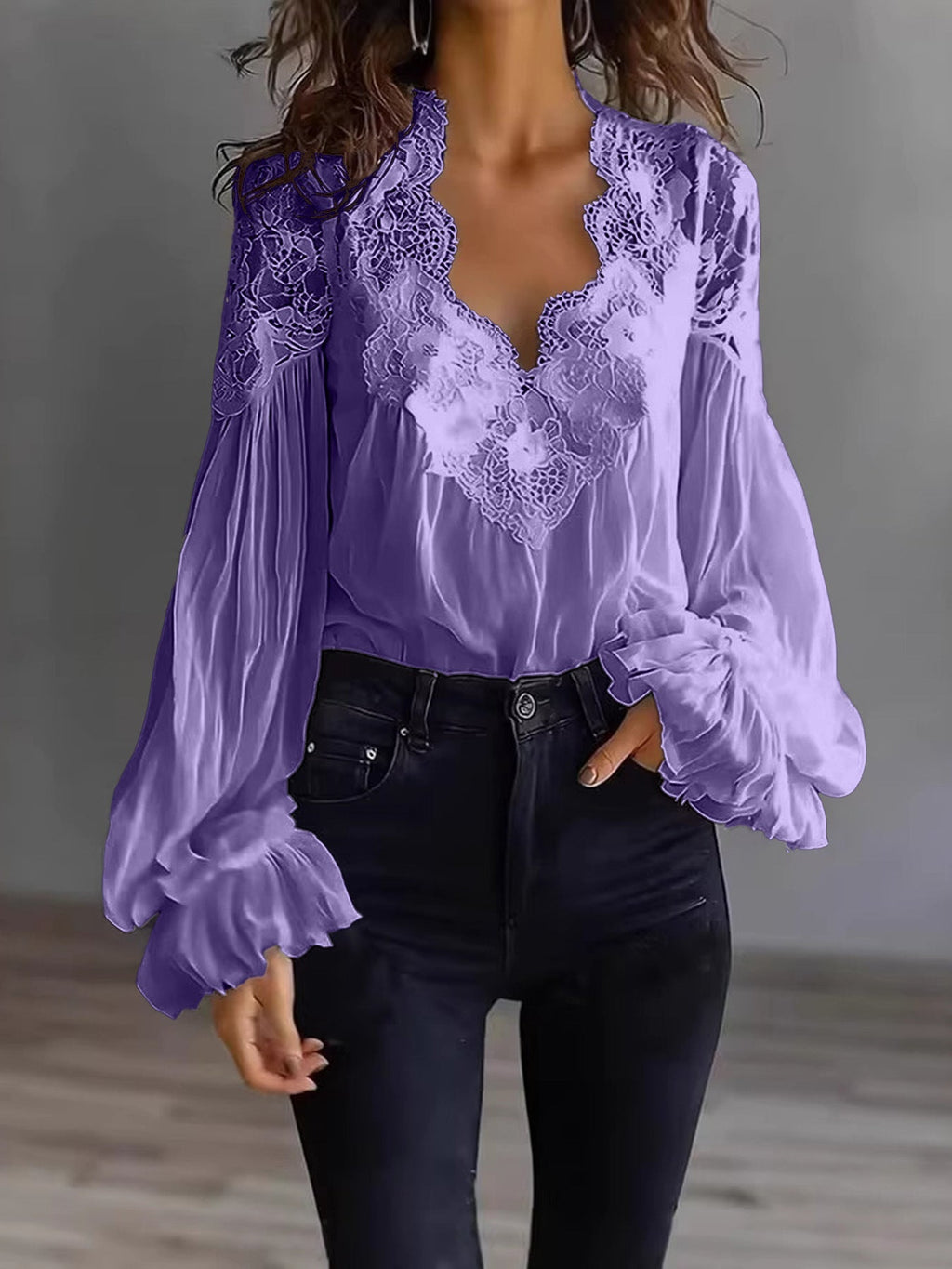 Women's Lace Blouse with Sheer Sleeves and Scalloped Details