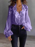 Women's Lace Blouse with Sheer Sleeves and Scalloped Details