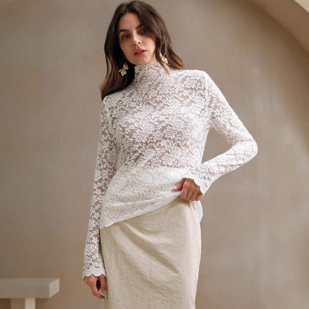 Women's High Neck Lace Bodysuit – Sheer Floral Long Sleeve Bodysuit