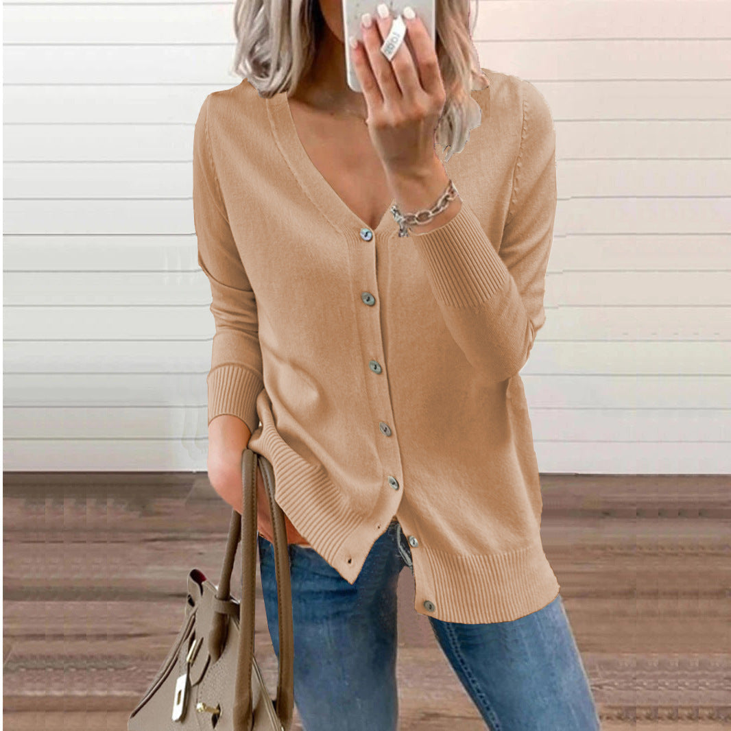 Women's V-Neck Button Cardigan – Ribbed Long Sleeve Knit Cardigan