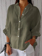 Women's Relaxed Blouse with Folded Sleeves and Button Front