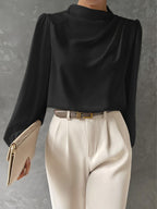 Women's Long Sleeve Blouse with Pleated Front and Relaxed Silhouette