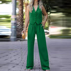 Women's Waistcoat Pants Set – Sleeveless V-Neck Vest & Wide Leg Trousers