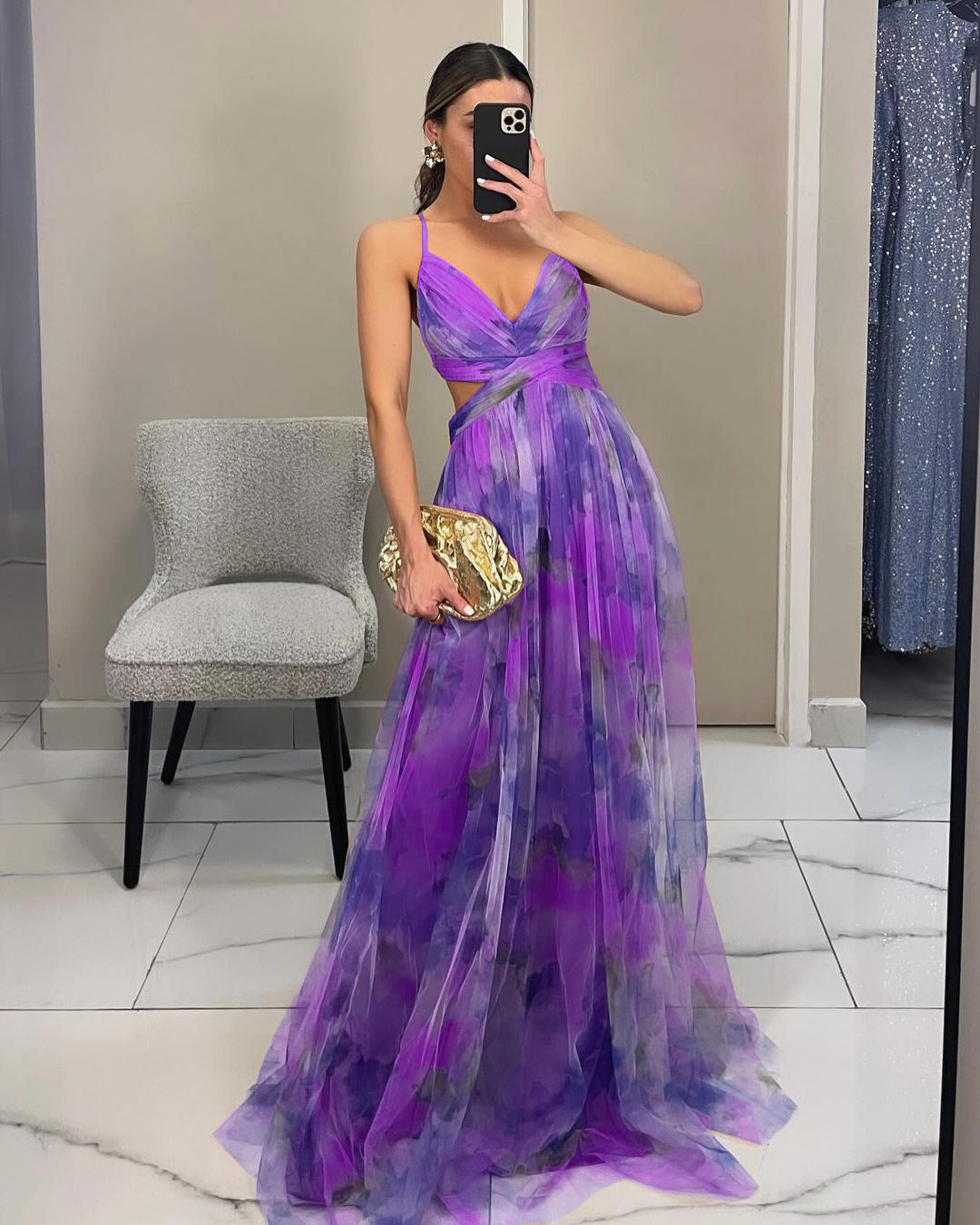 Women's Floral Maxi Dress – V-Neck Spaghetti Strap Evening Gown