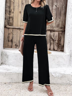 Women's Split Hem Wide Leg Lounge Set – Relaxed Top and Trousers Set