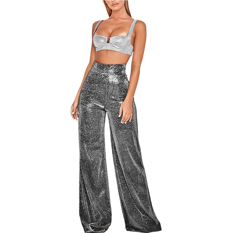 Women's Glitter Side Slit Trousers – High Waist Straight Leg Party Pants
