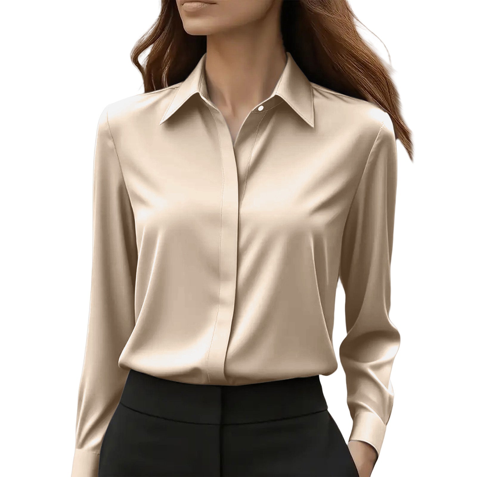 Women's Collared Blouse with Button Closure and Curved Hem