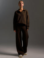 Women's Collared Polo Sweater Set – Oversized Top and Wide Leg Pants Set