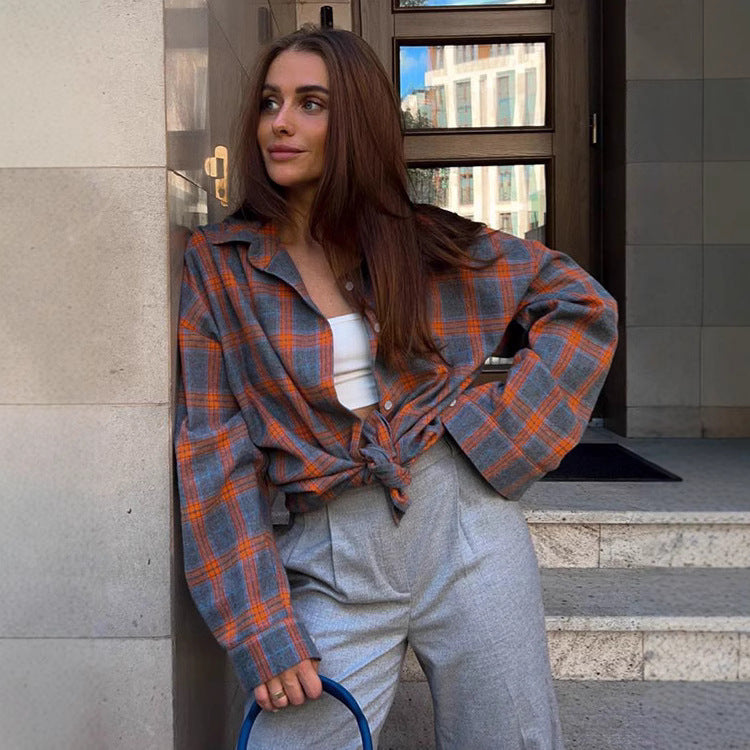 Women's Oversized Check Blouse – Relaxed Button Front Shirt Blouse