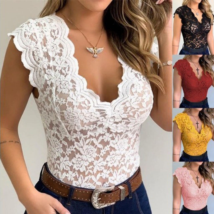 Women's Ruffle Sleeve Lace Bodysuit – Deep V-Neck Fitted Bodysuit