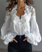 Women's Lace Blouse with Sheer Sleeves and Scalloped Details