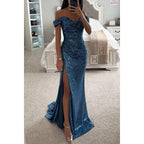Women's Off-Shoulder Sequin Evening Dress – Side Slit Sparkle Gown