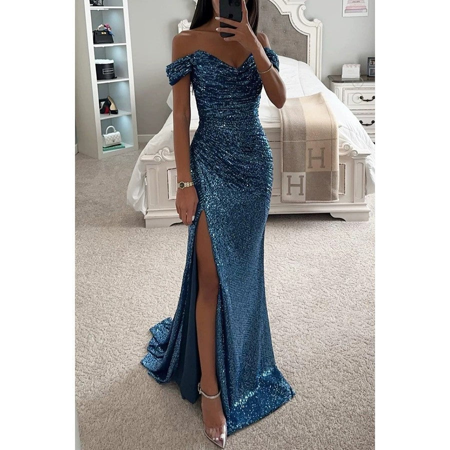 Women's Off-Shoulder Sequin Evening Dress – Side Slit Sparkle Gown