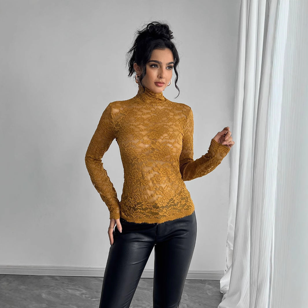 Women's High Neck Lace Bodysuit – Sheer Floral Long Sleeve Bodysuit