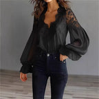 Women's Lace Blouse with Sheer Sleeves and Scalloped Details