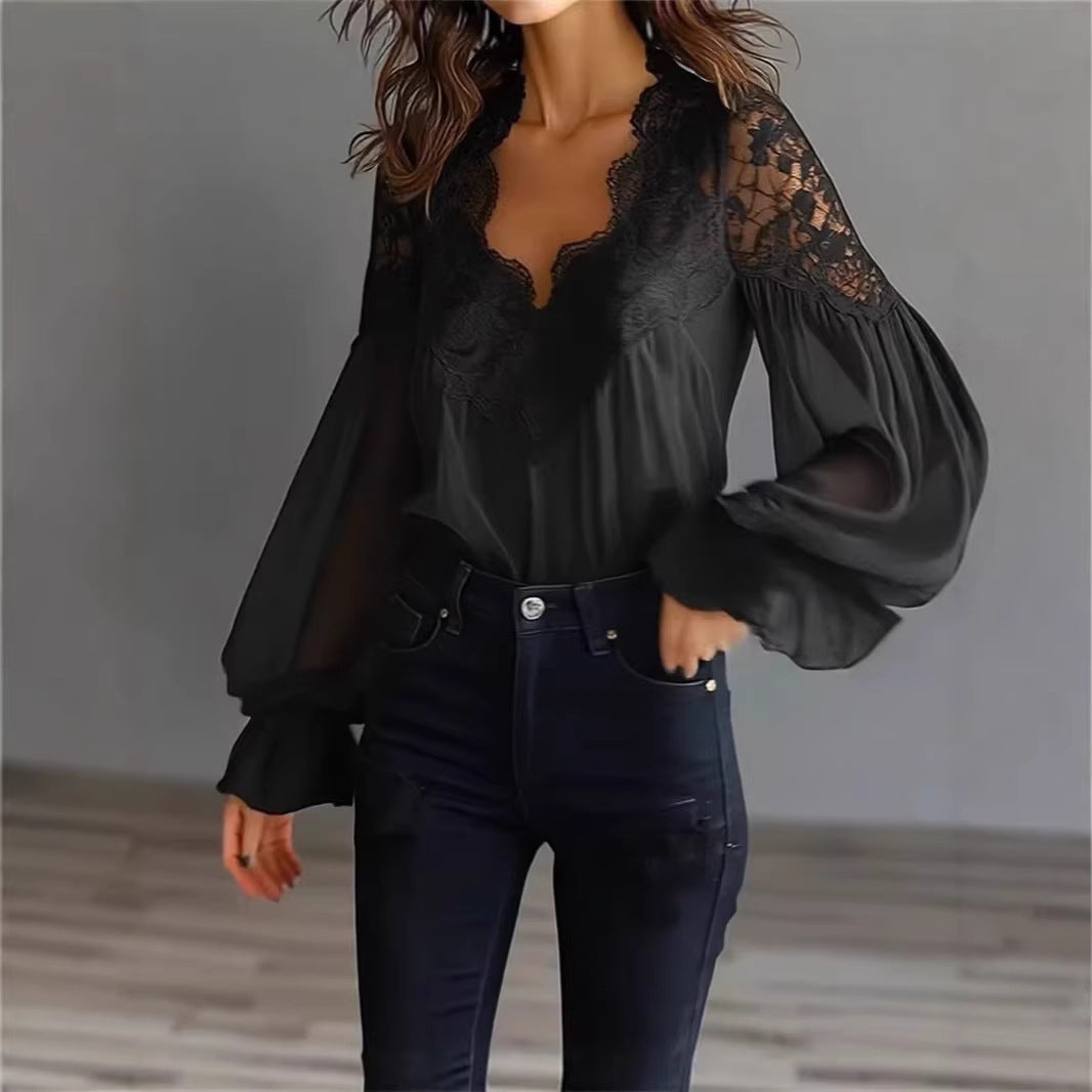 Women's Lace Blouse with Sheer Sleeves and Scalloped Details
