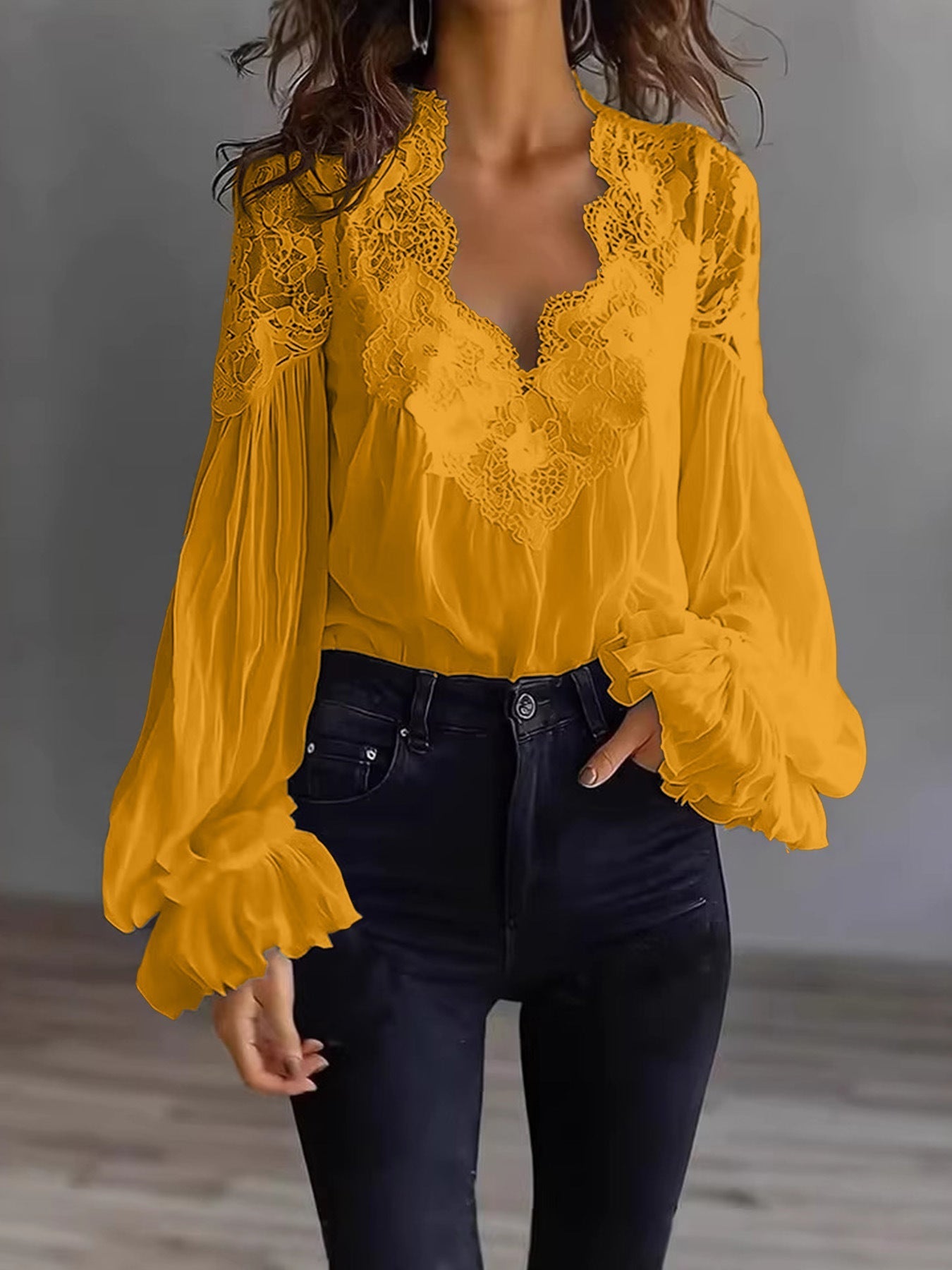 Women's Lace Blouse with Sheer Sleeves and Scalloped Details