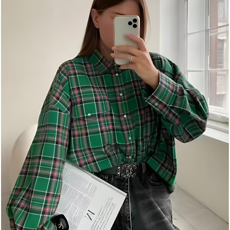 Women's Oversized Check Blouse – Relaxed Button Front Shirt Blouse